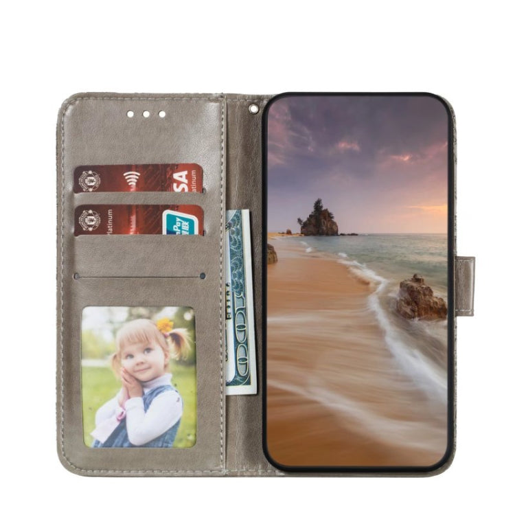 Grey flip leather phone case with card pockets and inner photo window