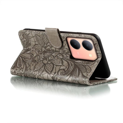 Grey floral embossed flip leather phone case with kickstand position