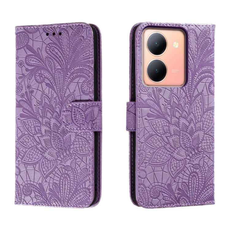 Purple floral embossed flip leather phone case with phone camera cutouts