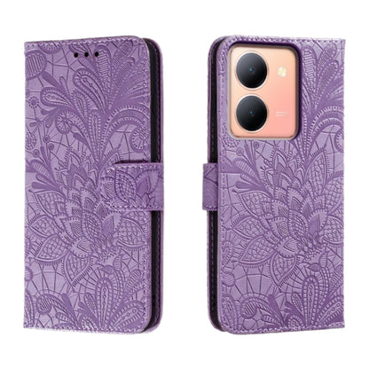 Purple floral embossed flip leather phone case with phone camera cutouts