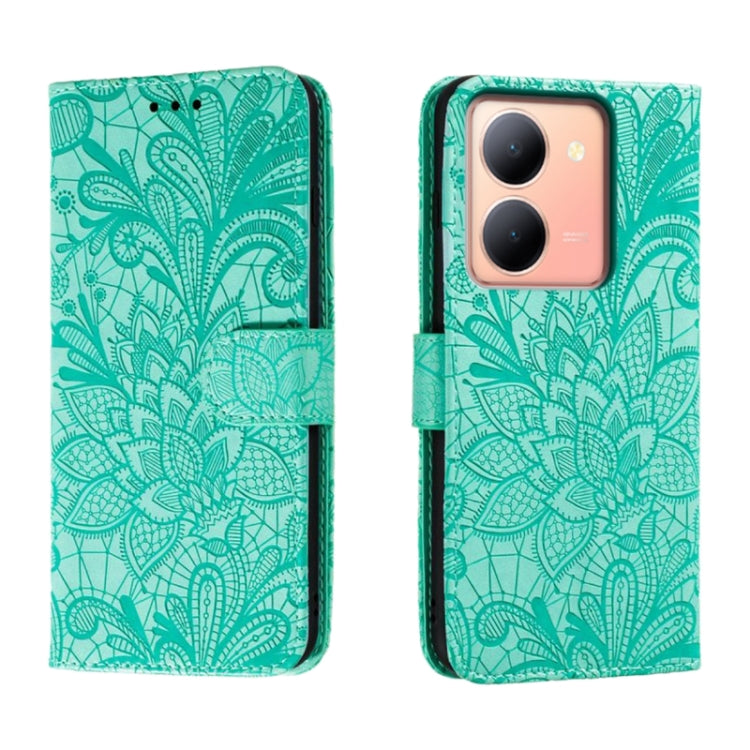 Green floral embossed flip leather phone case with stand flap and camera cutouts