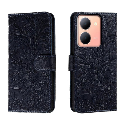 Embossed floral flip leather phone case in dark blue, with magnetic cover and cutouts.