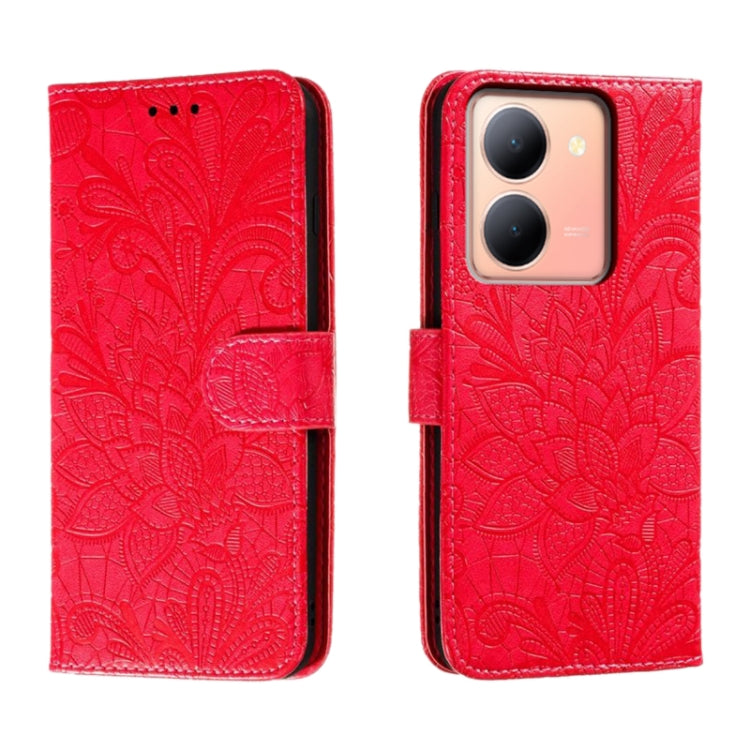 Embossed floral flip leather phone case in red, with magnetic cover and camera cutouts.