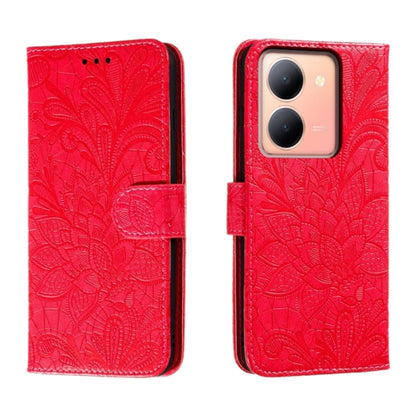 Embossed floral flip leather phone case in red, with magnetic cover and camera cutouts.