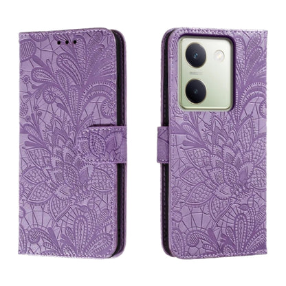 Embossed floral flip leather phone case in purple, with magnetic cover and camera cutouts.