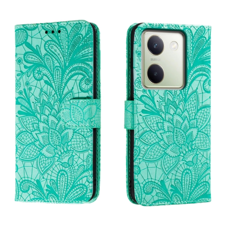 Embossed floral flip leather phone case in green, with magnetic cover and camera cutouts.