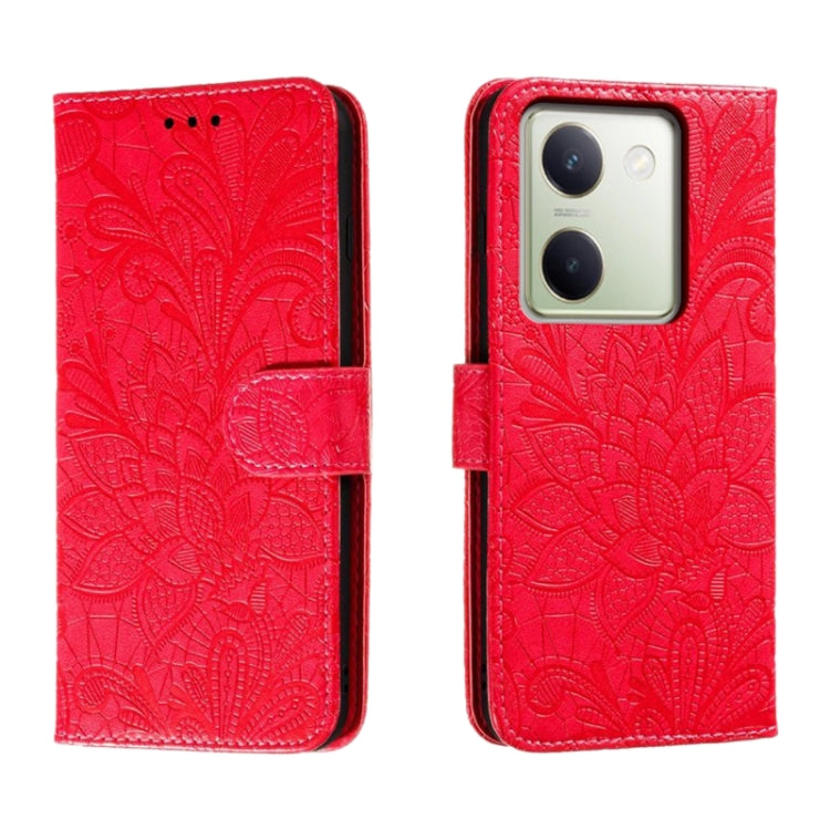 Embossed floral flip leather phone case in red, with magnetic cover and camera openings.