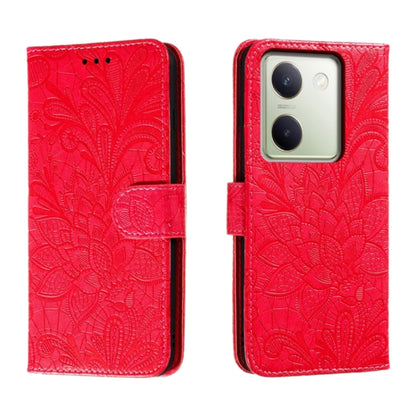 Embossed floral flip leather phone case in red, with magnetic cover and camera openings.