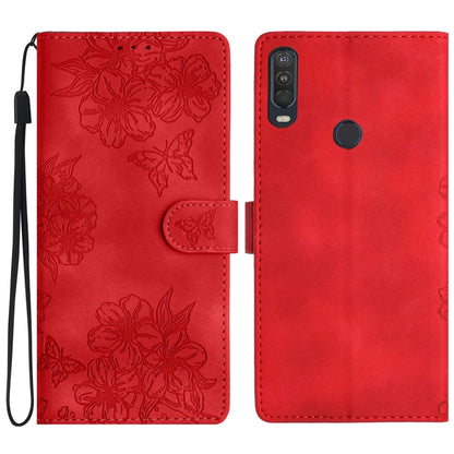 Cherry Blossom Butterfly Skin Feel Embossed PU Phone Case, For Motorola Moto E6 Plus, For Motorola One Action