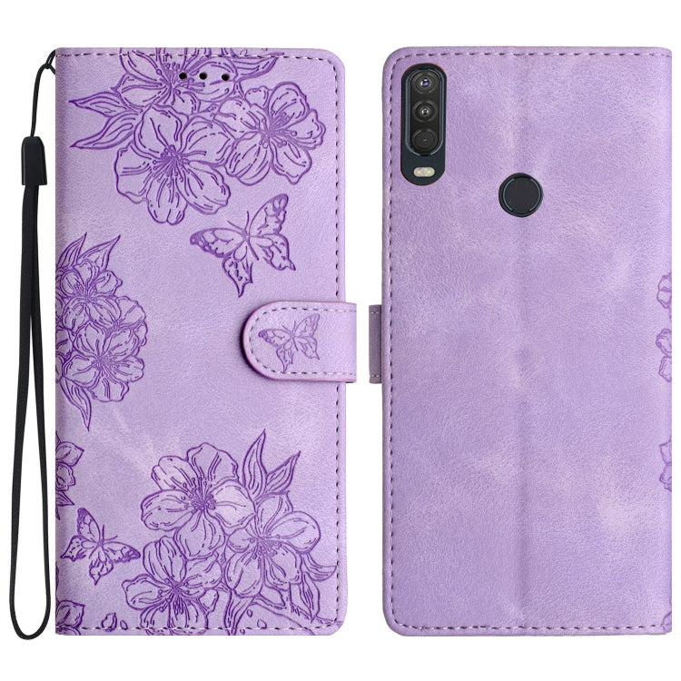 Cherry Blossom Butterfly Skin Feel Embossed PU Phone Case, For Motorola Moto E6 Plus, For Motorola One Action