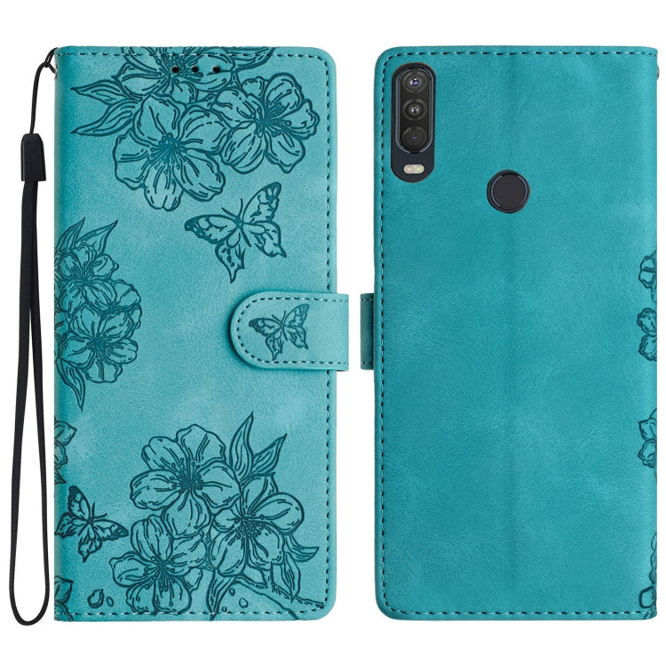 Cherry Blossom Butterfly Skin Feel Embossed PU Phone Case, For Motorola Moto E6 Plus, For Motorola One Action