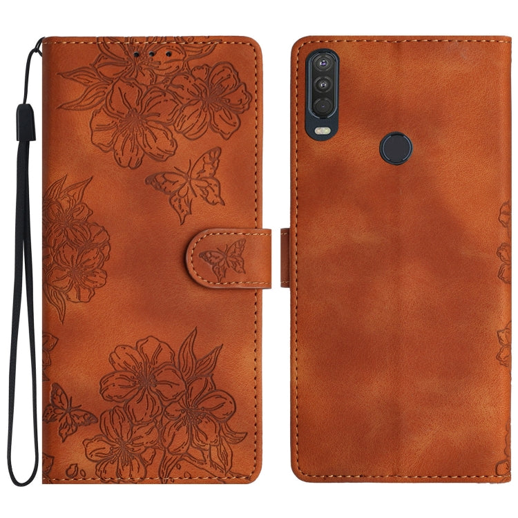 Cherry Blossom Butterfly Skin Feel Embossed PU Phone Case, For Motorola Moto E6 Plus, For Motorola One Action