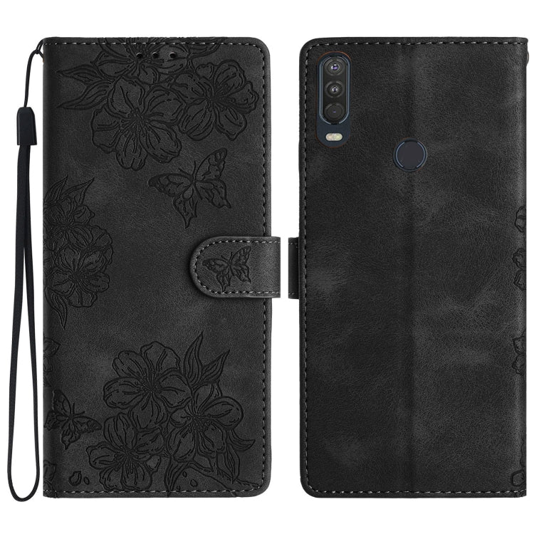 Cherry Blossom Butterfly Skin Feel Embossed PU Phone Case, For Motorola Moto E6 Plus, For Motorola One Action