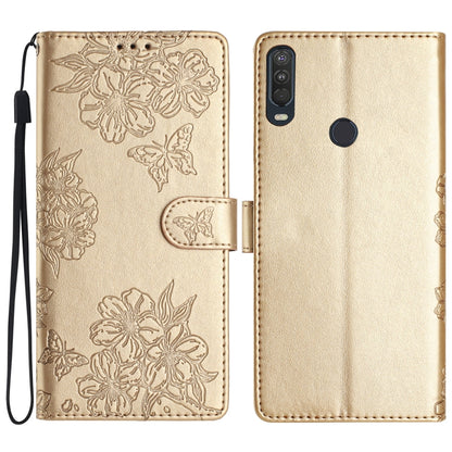 Cherry Blossom Butterfly Skin Feel Embossed PU Phone Case, For Motorola Moto E6 Plus, For Motorola One Action
