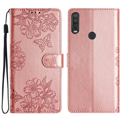 Cherry Blossom Butterfly Skin Feel Embossed PU Phone Case, For Motorola Moto E6 Plus, For Motorola One Action