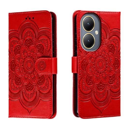 Red leather phone case with embossed sun mandala and flip cover; camera cutout visible