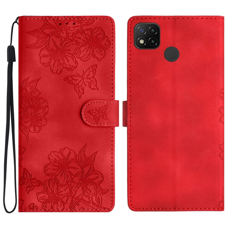 Cherry Blossom Butterfly Skin Feel Embossed PU Phone Case, For Xiaomi Redmi 9, For Xiaomi Redmi 9C, For Xiaomi Redmi Note 8T