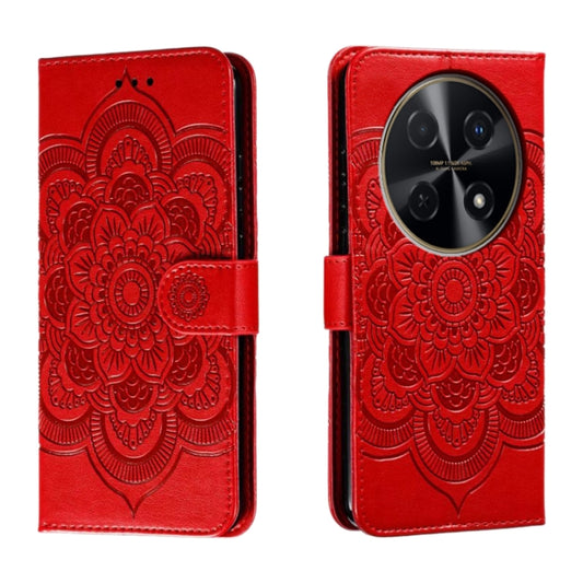 Red leather phone case with embossed sun mandala pattern and side flip strap