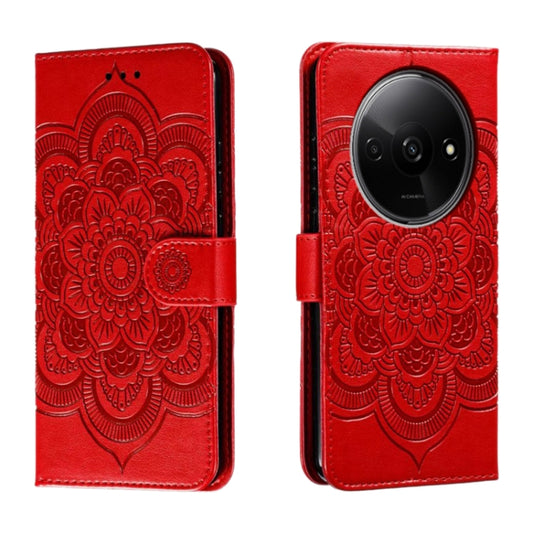Red embossed mandala leather phone case with folio-style cover and camera cutout