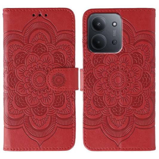 Red embossed mandala leather phone case with flip cover and cutouts for camera and buttons