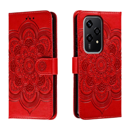 Red mandala embossed phone leather flip case with magnetic strap and camera cutout