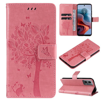 Tree & Cat Embossed Pattern Flip Leather Phone Case, For Motorola Moto G34