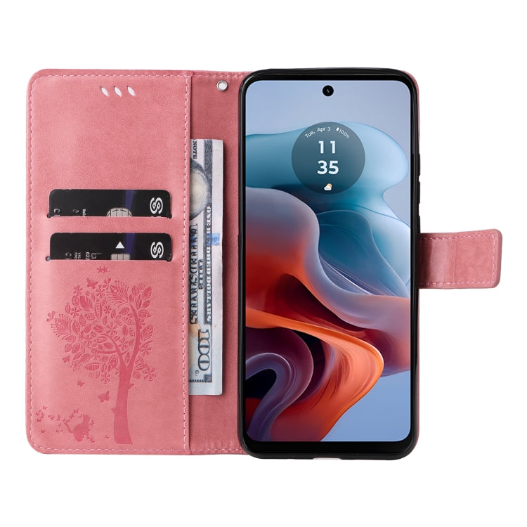 Tree & Cat Embossed Pattern Flip Leather Phone Case, For Motorola Moto G34