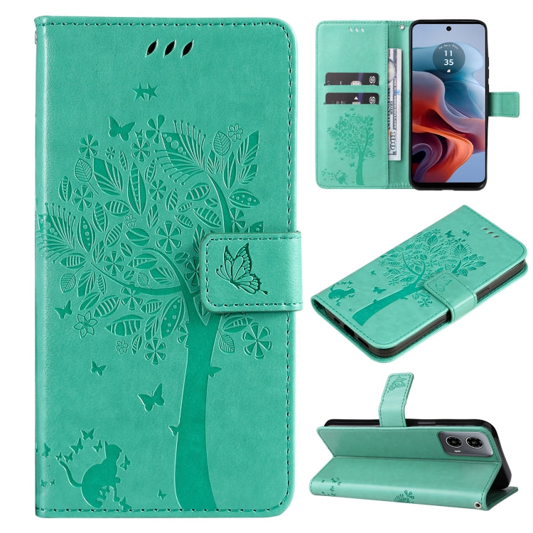 Tree & Cat Embossed Pattern Flip Leather Phone Case, For Motorola Moto G34
