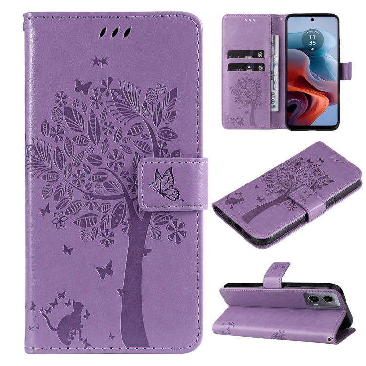 Tree & Cat Embossed Pattern Flip Leather Phone Case, For Motorola Moto G34