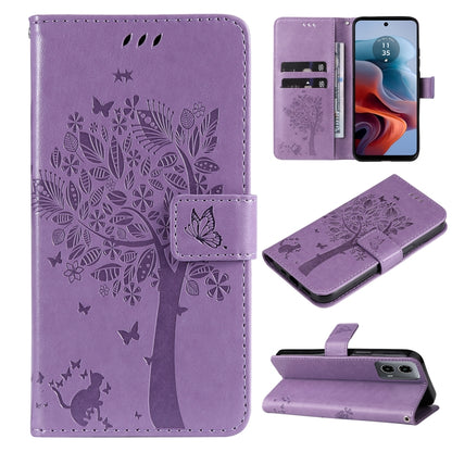 Tree & Cat Embossed Pattern Flip Leather Phone Case, For Motorola Moto G34