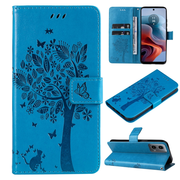 Tree & Cat Embossed Pattern Flip Leather Phone Case, For Motorola Moto G34