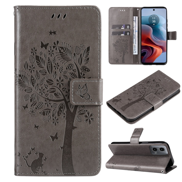 Tree & Cat Embossed Pattern Flip Leather Phone Case, For Motorola Moto G34