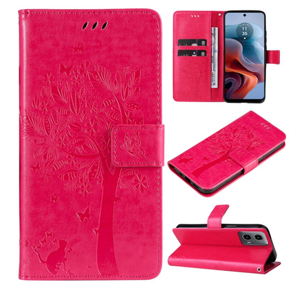 Tree & Cat Embossed Pattern Flip Leather Phone Case, For Motorola Moto G34