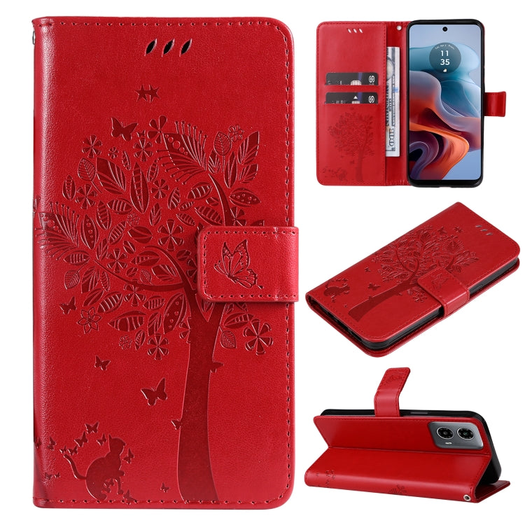 Tree & Cat Embossed Pattern Flip Leather Phone Case, For Motorola Moto G34