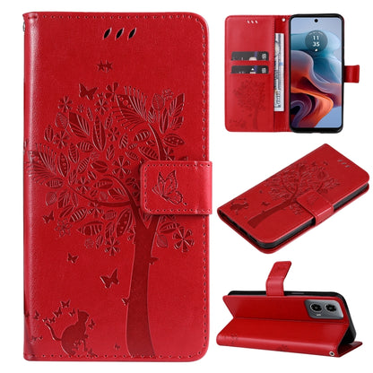 Tree & Cat Embossed Pattern Flip Leather Phone Case, For Motorola Moto G34