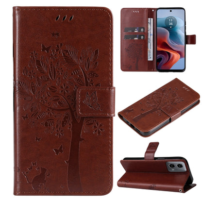 Tree & Cat Embossed Pattern Flip Leather Phone Case, For Motorola Moto G34