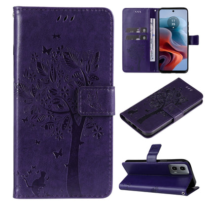 Tree & Cat Embossed Pattern Flip Leather Phone Case, For Motorola Moto G34