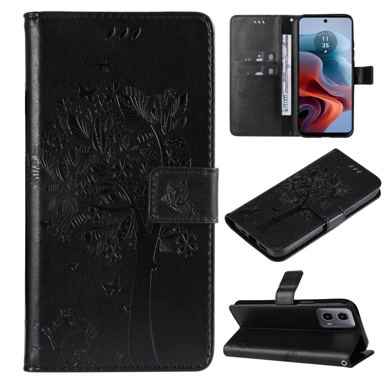Tree & Cat Embossed Pattern Flip Leather Phone Case, For Motorola Moto G34