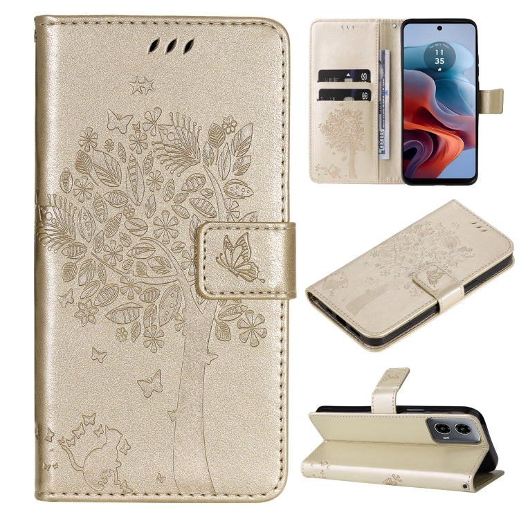 Tree & Cat Embossed Pattern Flip Leather Phone Case, For Motorola Moto G34
