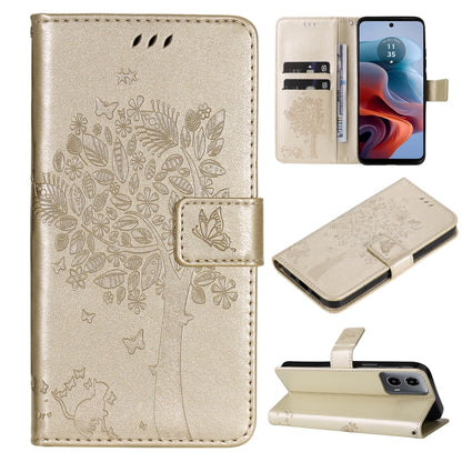 Tree & Cat Embossed Pattern Flip Leather Phone Case, For Motorola Moto G34