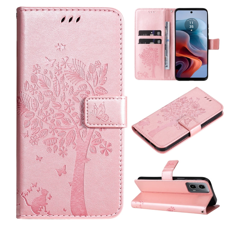Tree & Cat Embossed Pattern Flip Leather Phone Case, For Motorola Moto G34