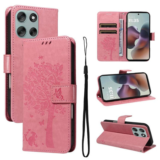 Tree & Cat Embossed Pattern Flip Leather Phone Case, For Motorola Moto G56 5G, For Motorola Moto G05, For Motorola Moto G15, For Motorola Moto G35, For Motorola Edge 50 5G, For Motorola Edge 50 Neo, For Motorola Edge 50 Pro