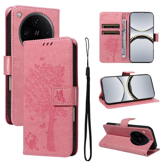 Tree & Cat Embossed Pattern Flip Leather Phone Case, For OPPO Find X8 Pro Global
