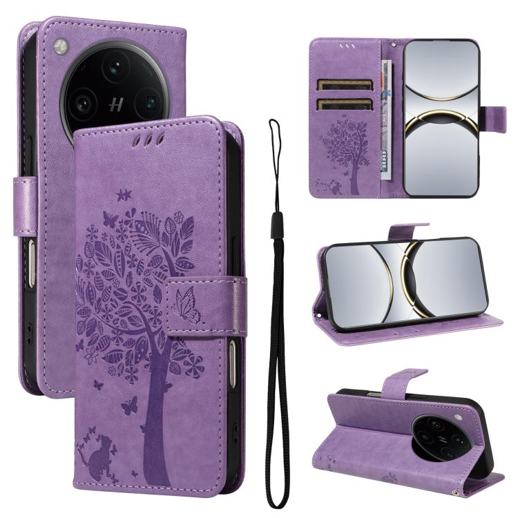 Tree & Cat Embossed Pattern Flip Leather Phone Case, For OPPO Find X8 Pro Global