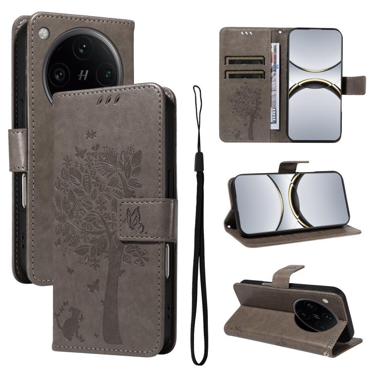 Tree & Cat Embossed Pattern Flip Leather Phone Case, For OPPO Find X8 Pro Global