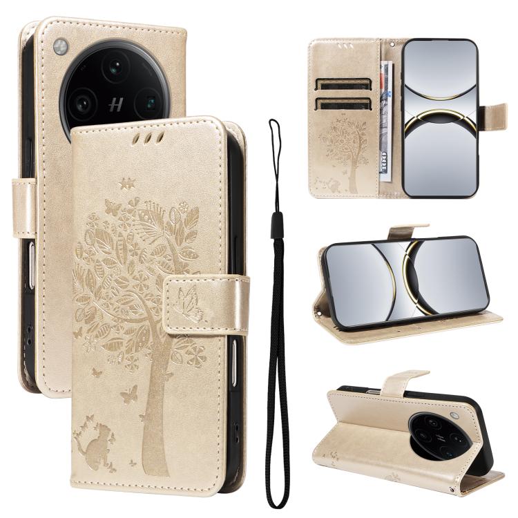 Tree & Cat Embossed Pattern Flip Leather Phone Case, For OPPO Find X8 Pro Global