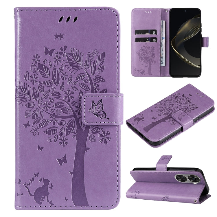 Tree & Cat Embossed Pattern Flip Leather Phone Case, For Huawei nova 12 SE / nova 11 SE, For Huawei nova 12s