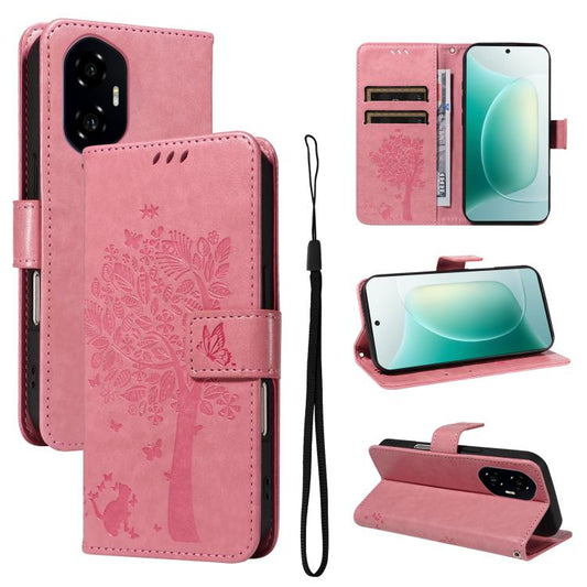 Tree & Cat Embossed Pattern Flip Leather Phone Case, For Honor 300, For Honor X9C 5G Global, For Honor Magic7 Pro, For Honor Magic7, For Honor 200 Lite Global