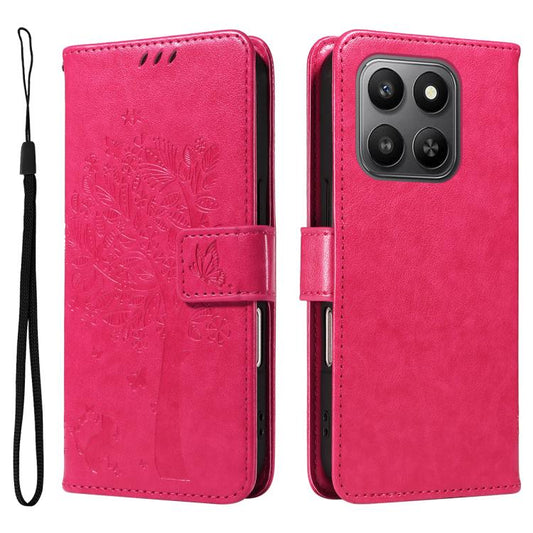 Tree & Cat Embossed Pattern Flip Leather Phone Case, For Honor 400 Smart 5G, For Honor X6c / X6b / X6a / X5b, For Honor 400 Pro Global 160.8mm, For Honor 400 Lite Global, For Honor 400 Global 156.5mm, For Honor X8C 4G Global, For Honor 300 Pro / 300 Ultra