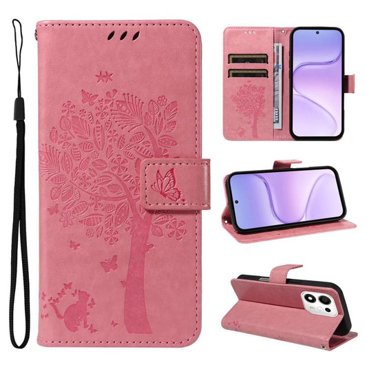 Tree & Cat Embossed Pattern Flip Leather Phone Case, For Honor 600 Smart 5G, For Honor 600 Lite Global, For Honor X8d 4G Global, For Honor 500 Global/500 Pro Global 155.8, For Honor Magic8 Pro, For Honor Magic8, For Honor X5c Plus